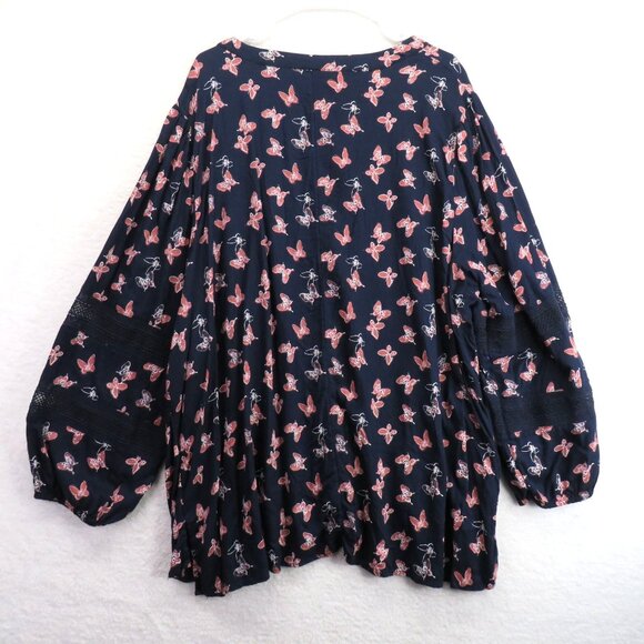 Lane Bryant Shirt Womens Sz 26 Butterfly Print Blouse Navy Blue Long Sleeve Boho - Picture 4 of 10
